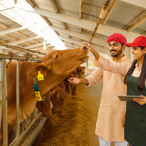 A veterinarian checking a cow
